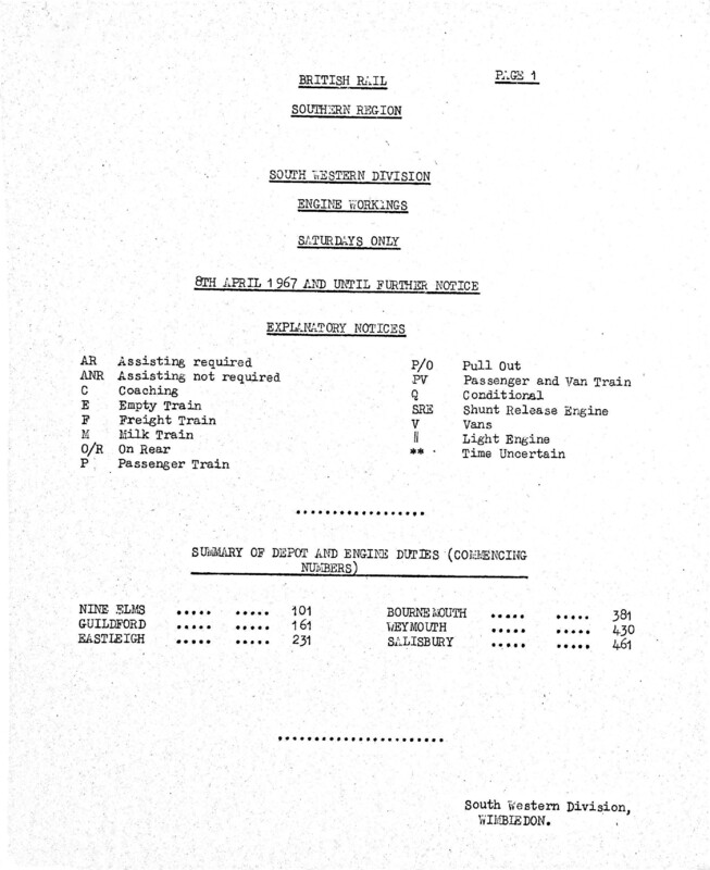 Southern Engine Workings, South Western Division, Saturdays starting 08 April 1967. 21 pages. [EW05196704081]