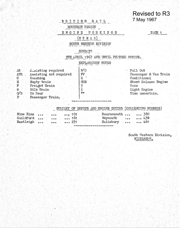 Southern Engine Workings, South Western Division, Sundays starting 09 April 1967. 10 pages. Notes: Revised to R3. [EW05196704090]