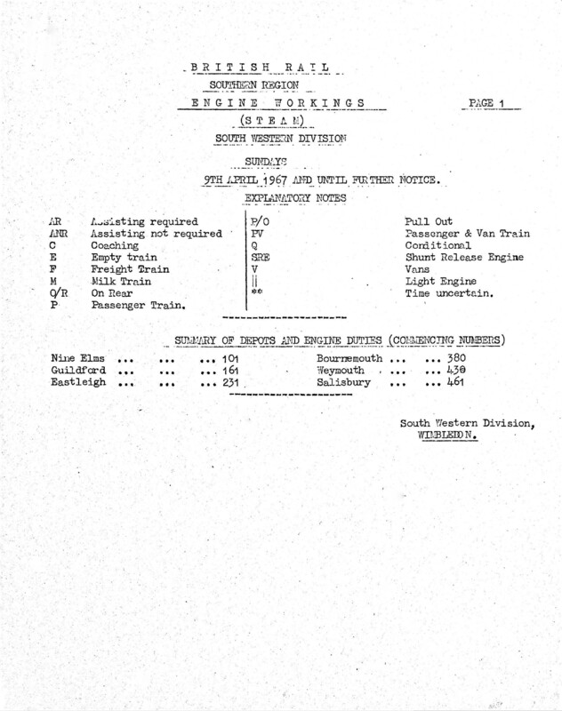 Southern Engine Workings, South Western Division, Sundays starting 09 April 1967. 9 pages. [EW05196704091]