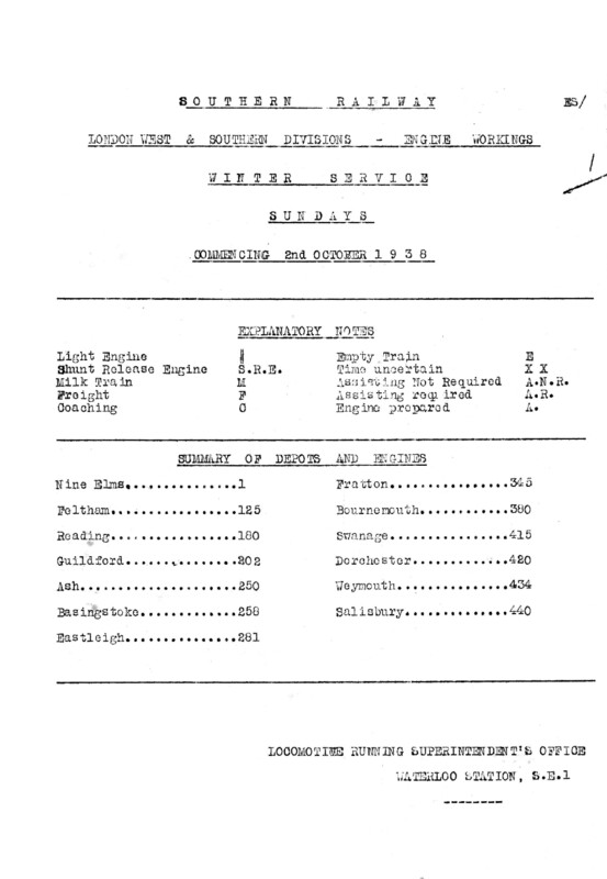 Southern Engine Workings, London West and Southern Districts, Sundays starting 02 October 1938. 33 pages. [EW06193810020]
