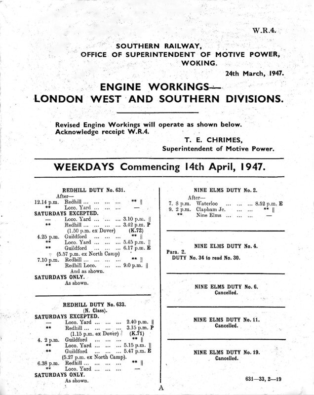 Southern Engine Workings, London West and Southern Districts, Weekdays starting 14 April 1947. 66 pages. Notes: LW&SR4 Revisions. [EW06194704140]