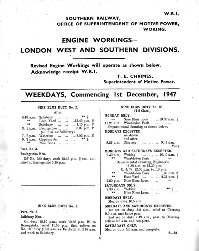 Southern Engine Workings, London West and Southern Districts, Weekdays starting 01 December 1947. 23 pages. Notes: LW&SR1 Revisions. [EW06194712010]