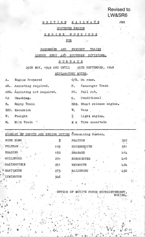 Southern Engine Workings, London West and Southern Districts, Sundays starting 29 May 1949. 52 pages. Notes: Revised to LW&SR6. [EW06194905290]