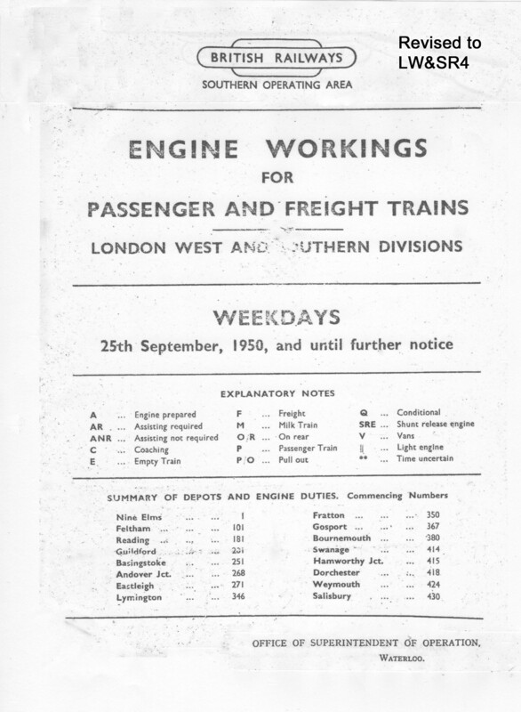Southern Engine Workings, London West and Southern Districts, Weekdays starting 25 September 1950. 213 pages. Notes: Revised to LW&SR4. [EW06195009250]