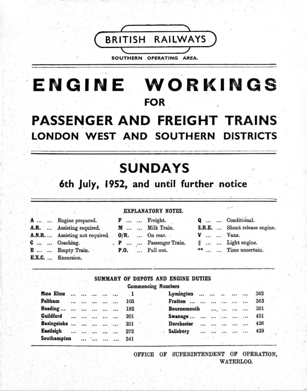 Southern Engine Workings, London West and Southern Districts, Sundays starting 06 July 1952. 54 pages. [EW06195207060]