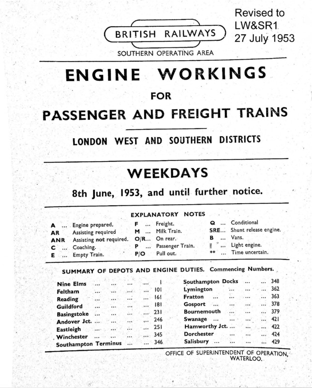 Southern Engine Workings, London West and Southern Districts, Weekdays starting 08 June 1953. 310 pages. Notes: Revised to LW&SR1. [EW06195306080]