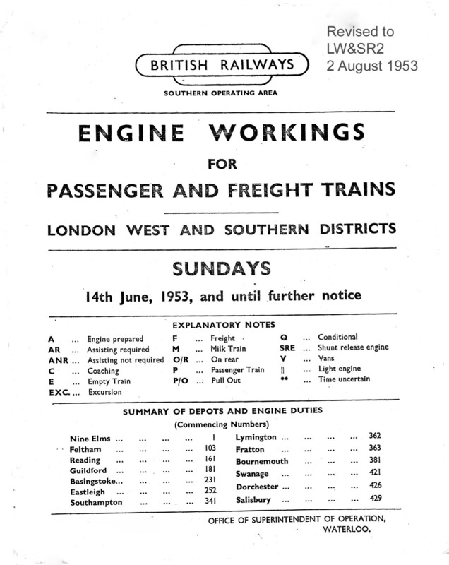 Southern Engine Workings, London West and Southern Districts, Sundays starting 14 June 1953. 96 pages. Notes: Revised to LW&SR3. [EW06195306140]