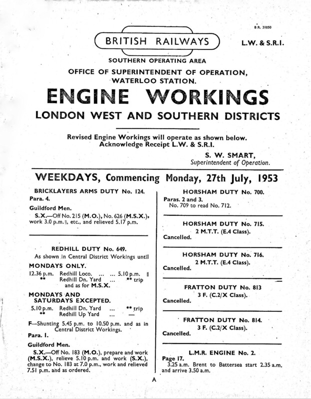 Southern Engine Workings, London West and Southern Districts, Weekdays starting 27 July 1953. 70 pages. Notes: LW&SR1 Revisions. [EW06195307270]