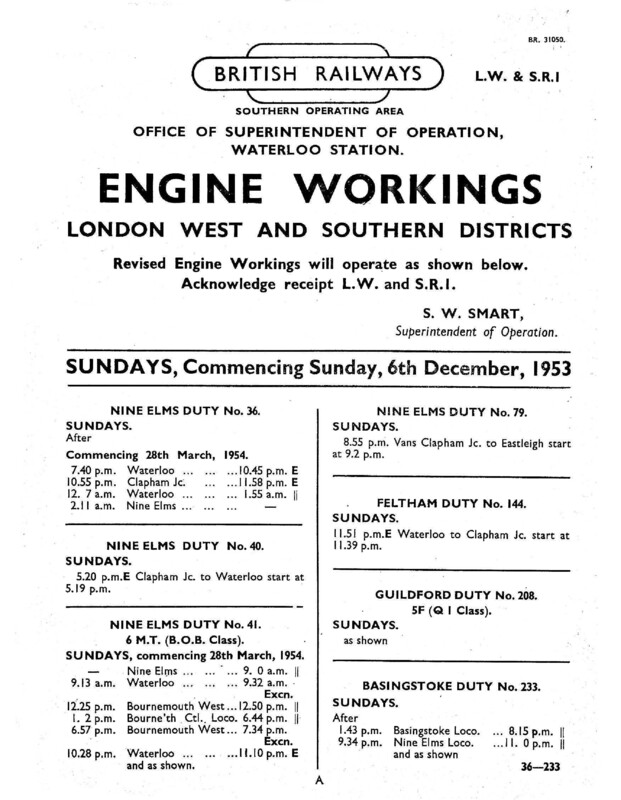Southern Engine Workings, London West and Southern Districts, Sundays starting 06 December 1953. 9 pages. Notes: LW&SR1 Revisions. [EW06195312060]