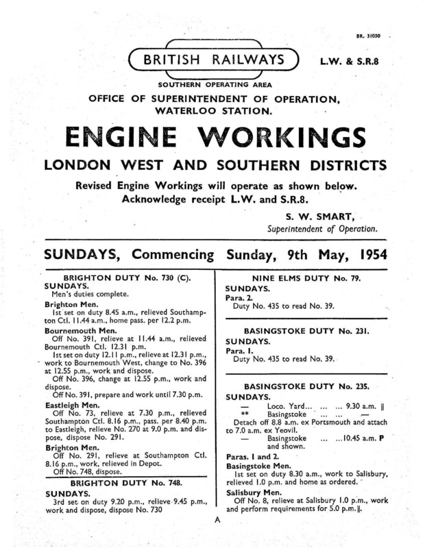 Southern Engine Workings, London West and Southern Districts, Sundays starting 09 May 1954. 22 pages. Notes: LW&SR8 Revisions. [EW06195405090]