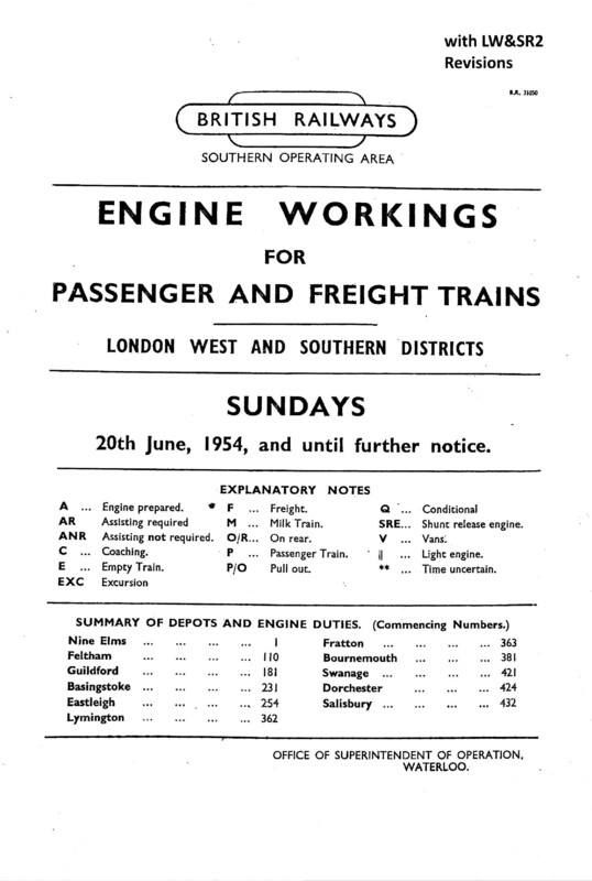Southern Engine Workings, London West and Southern Districts, Sundays starting 20 June 1954. 82 pages. Notes: With LW&SR2 Revisions. [EW06195406200]