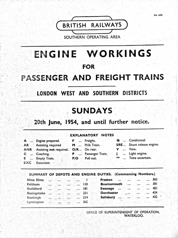 Southern Engine Workings, London West and Southern Districts, Sundays starting 20 June 1954. 69 pages. [EW06195406201]