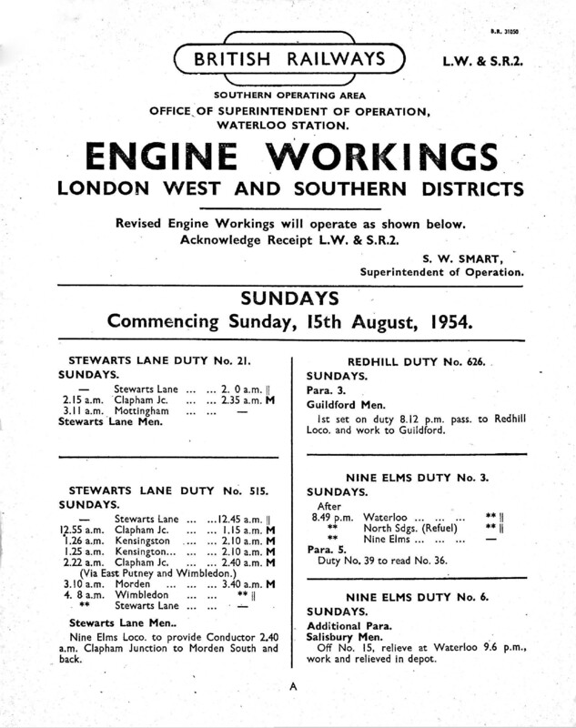 Southern Engine Workings, London West and Southern Districts, Sundays starting 15 August 1954. 14 pages. Notes: LW&SR2 Revisions. [EW06195408150]