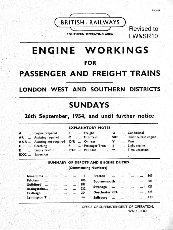 Southern Engine Workings, London West and Southern Districts, Sundays starting 26 September 1954. 40 pages. Notes: Revised to LW&SR10. [EW06195409260]