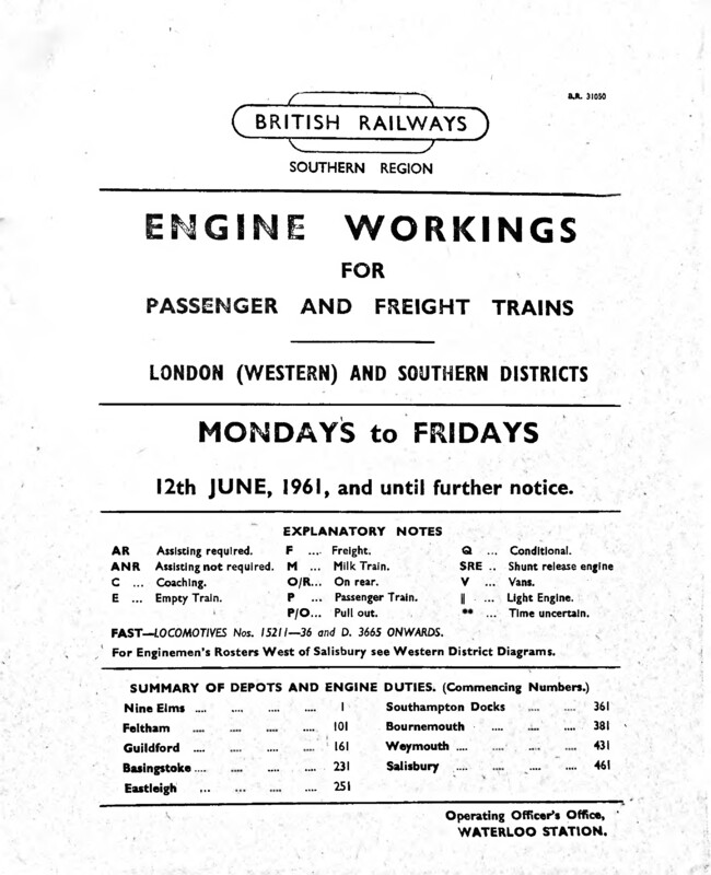Southern Engine Workings, London West and Southern Districts, Mondays to Fridays starting 12 June 1961. 235 pages. [EW06196106120]