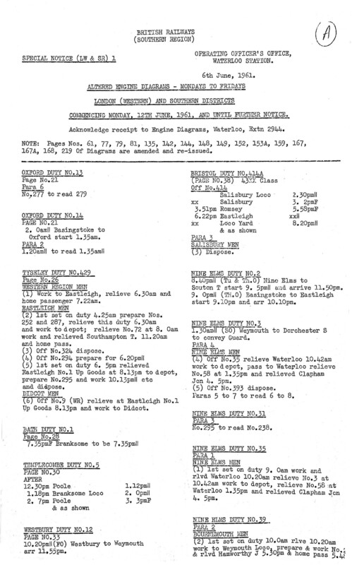 Southern Engine Workings, London West and Southern Districts, Mondays to Fridays starting 12 June 1961. 22 pages. Notes: SN Revisions. [EW06196106121]