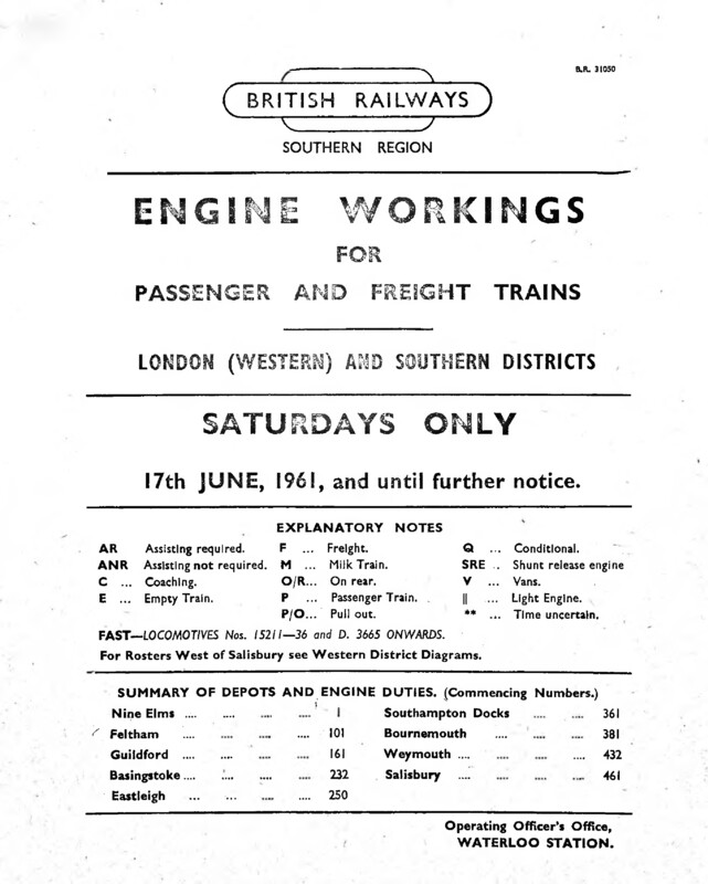 Southern Engine Workings, London West and Southern Districts, Saturdays starting 17 June 1961. 205 pages. [EW06196106170]