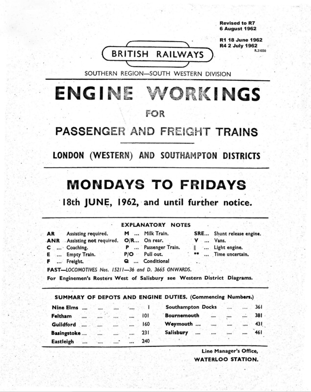 Southern Engine Workings, London West and Southern Districts, Mondays to Fridays starting 18 June 1962. 231 pages. Notes: Revised to LW&SR7 1st copy. [EW06196206180]