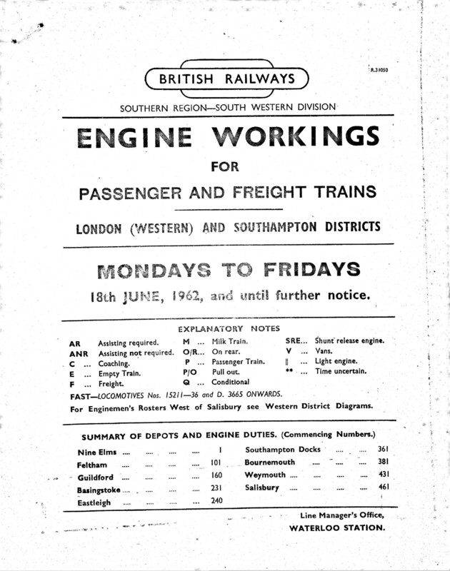 Southern Engine Workings, London West and Southern Districts, Mondays to Fridays starting 18 June 1962. 229 pages. [EW06196206181]