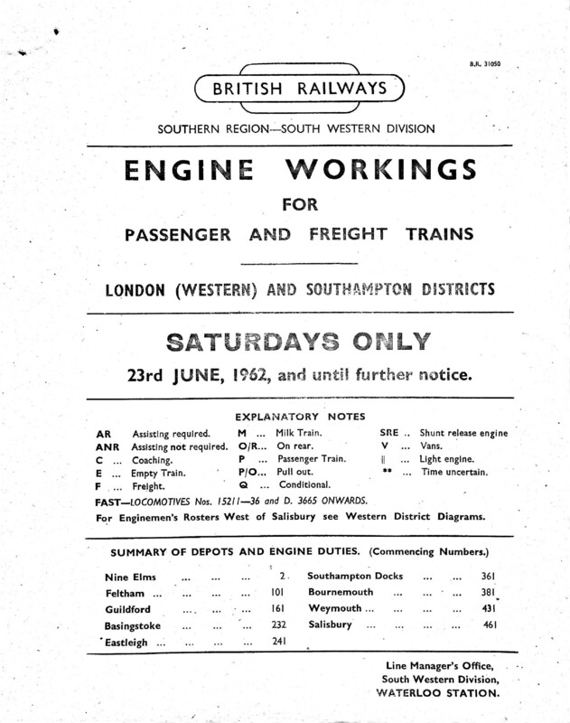 Southern Engine Workings, London West and Southern Districts, Saturdays starting 23 June 1962. 180 pages. [EW06196206230]