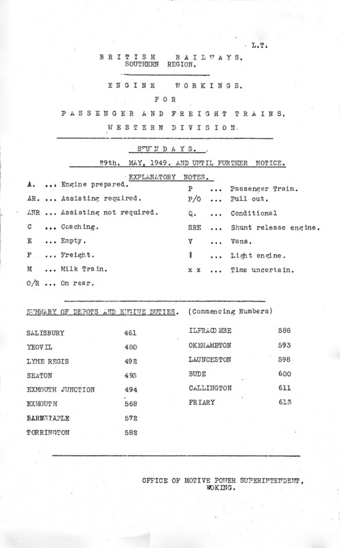 Southern Engine Workings, Western (Exeter) District, Sundays starting 29 May 1949. 21 pages. Notes: Revised. [EW07194905290]