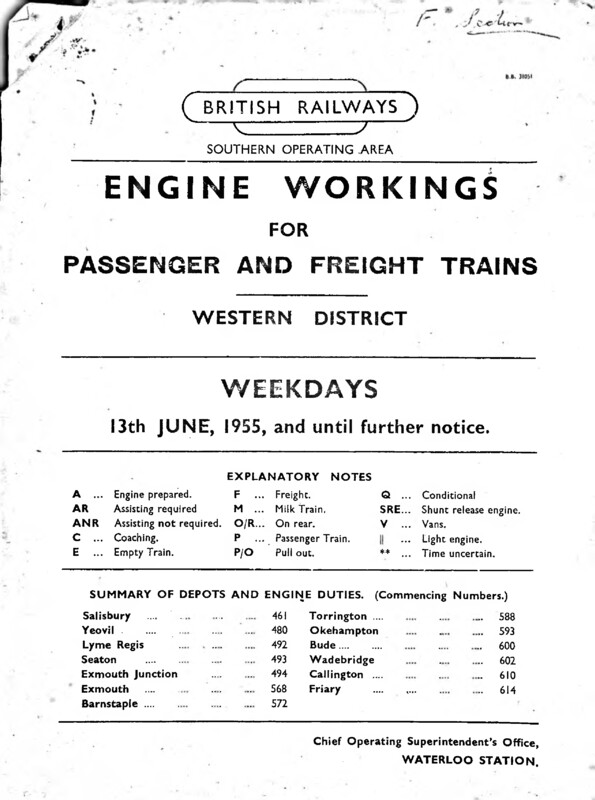 Southern Engine Workings, Western (Exeter) District, Weekdays starting 13 June 1955. 139 pages. [EW07195506130]
