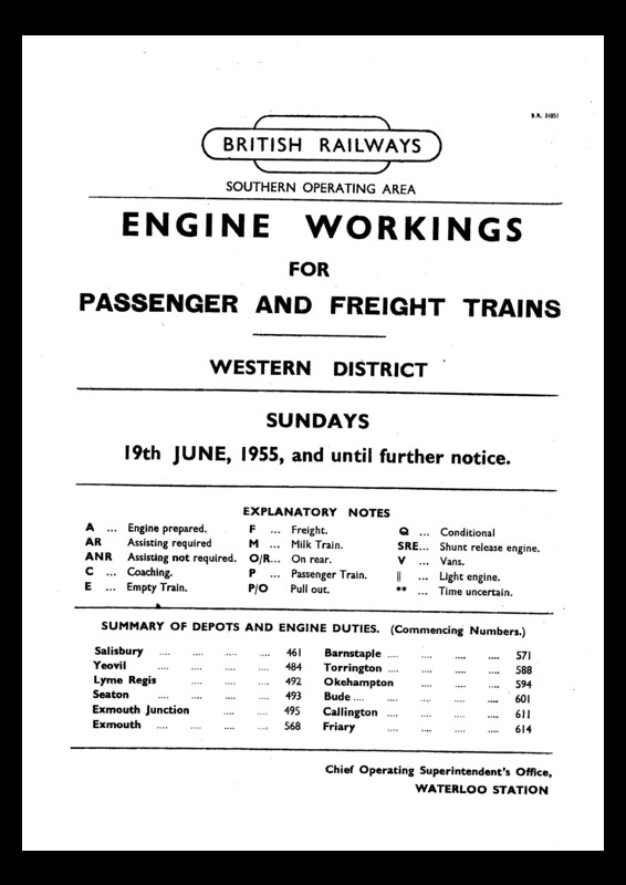 Southern Engine Workings, Western (Exeter) District, Sundays starting 19 June 1955. 28 pages. [EW07195506190]