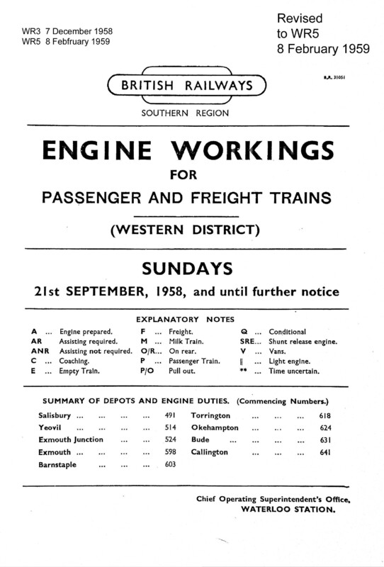 Southern Engine Workings, Western (Exeter) District, Sundays starting 21 September 1958. 19 pages. Notes: Revised to WR5. [EW07195809210]