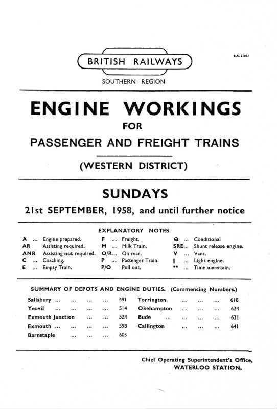 Southern Engine Workings, Western (Exeter) District, Sundays starting 21 September 1958. 19 pages. [EW07195809211]