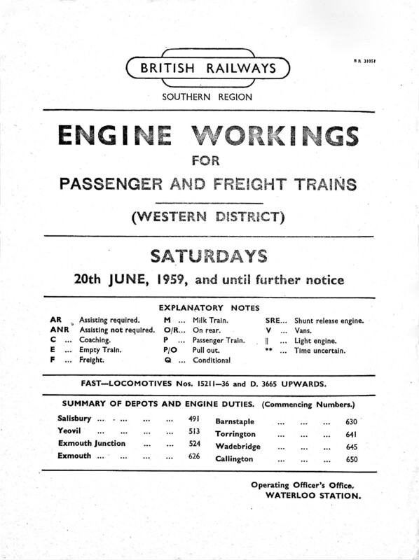Southern Engine Workings, Western (Exeter) District, Saturdays starting 20 June 1959. 86 pages. [EW07195906200]