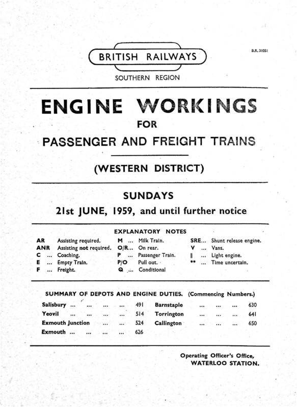 Southern Engine Workings, Western (Exeter) District, Sundays starting 21 June 1959. 29 pages. [EW07195906210]