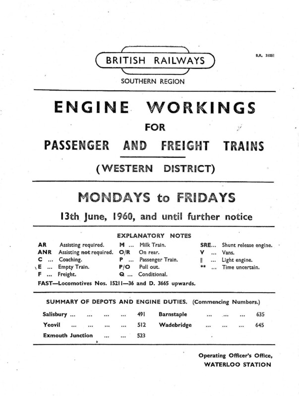 Southern Engine Workings, Western (Exeter) District, Mondays to Fridays starting 13 June 1960. 86 pages. [EW07196006130]