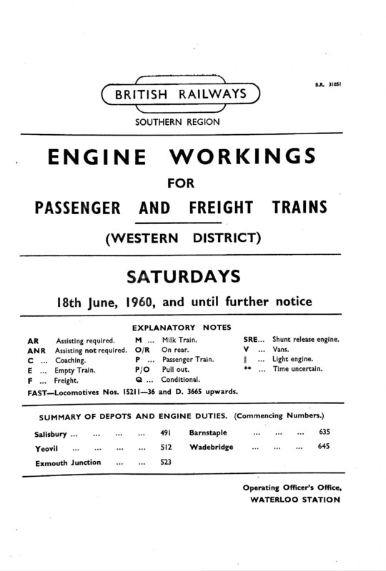 Southern Engine Workings, Western (Exeter) District, Saturdays starting 18 June 1960. 86 pages. [EW07196006180]