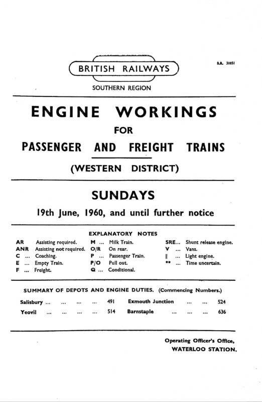 Southern Engine Workings, Western (Exeter) District, Sundays starting 19 June 1960. 32 pages. [EW07196006190]