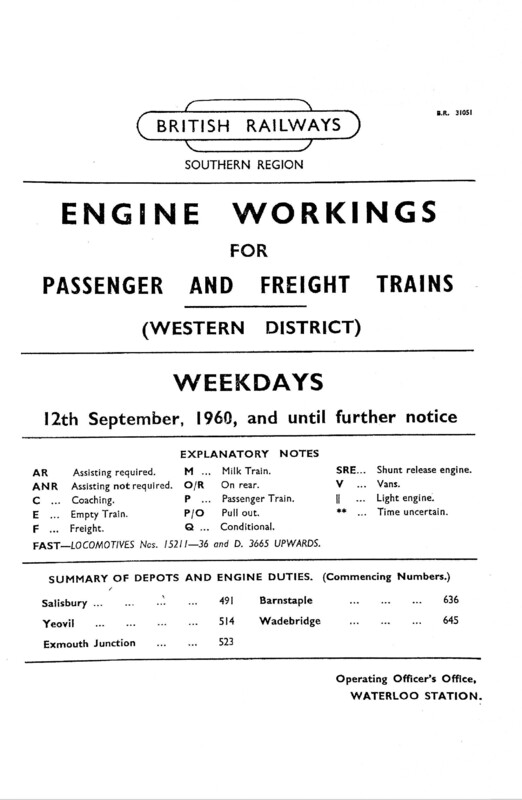 Southern Engine Workings, Western (Exeter) District, Weekdays starting 12 September 1960. 101 pages. [EW07196009120]