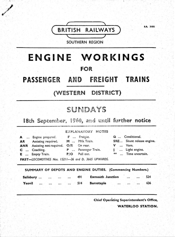 Southern Engine Workings, Western (Exeter) District, Sundays starting 18 September 1960. 21 pages. [EW07196009180]
