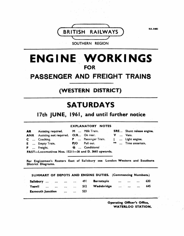 Southern Engine Workings, Western (Exeter) District, Saturdays starting 17 June 1961. 84 pages. [EW07196106170]