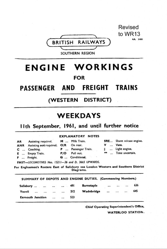 Southern Engine Workings, Western (Exeter) District, Weekdays starting 11 September 1961. 102 pages. Notes: Revised to WR13. [EW07196109110]