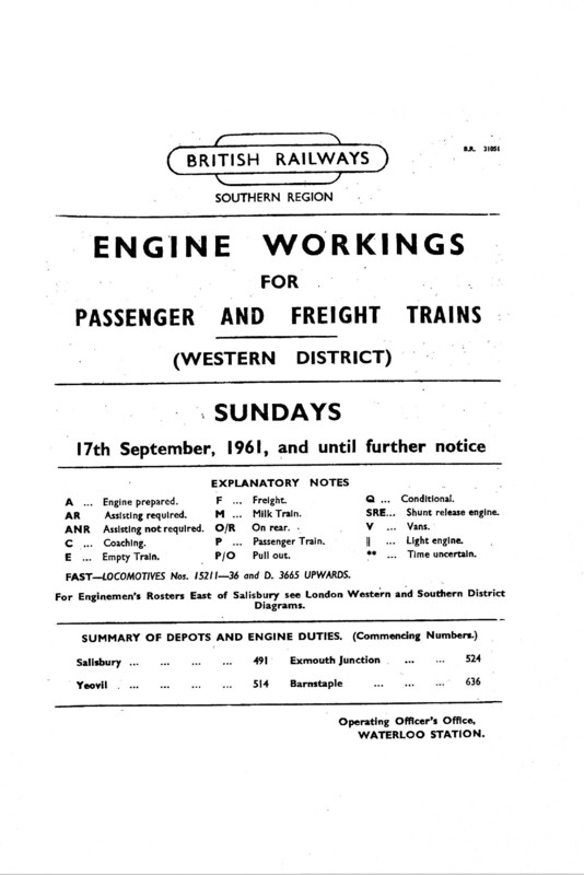 Southern Engine Workings, Western (Exeter) District, Sundays starting 17 September 1961. 21 pages. [EW07196109171]