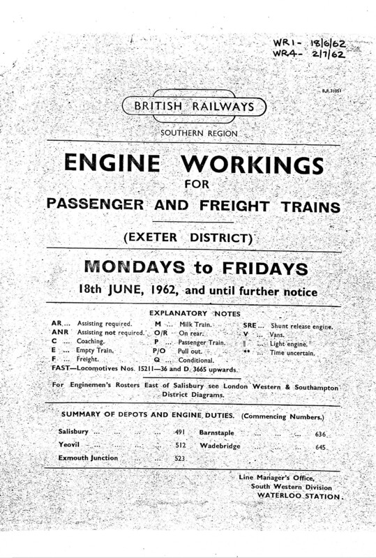 Southern Engine Workings, Western (Exeter) District, Mondays to Fridays starting 18 June 1962. 86 pages. Notes: Revised to WR4. [EW07196206180]