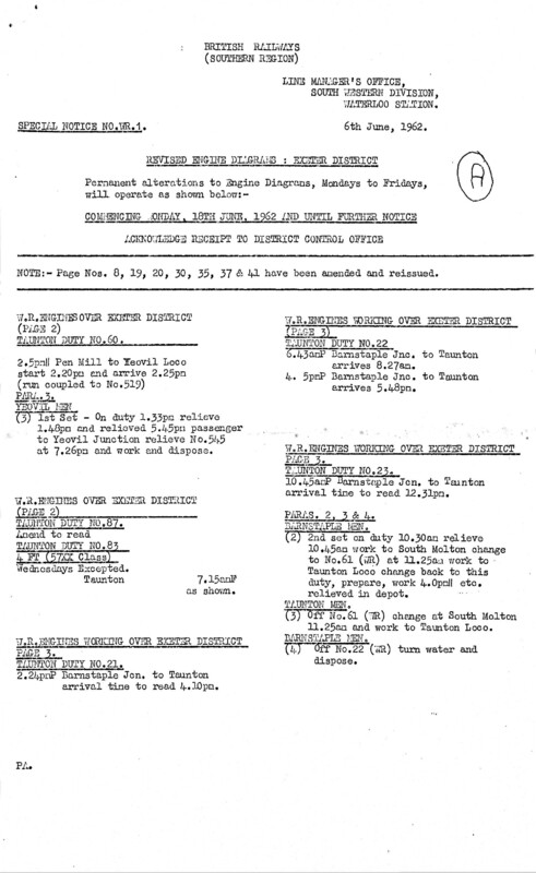 Southern Engine Workings, Western (Exeter) District, Mondays to Fridays starting 18 June 1962. 14 pages. Notes: WR1 Revisions. [EW07196206181]
