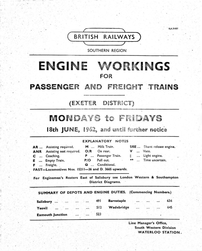 Southern Engine Workings, Western (Exeter) District, Mondays to Fridays starting 18 June 1962. 86 pages. [EW07196206182]