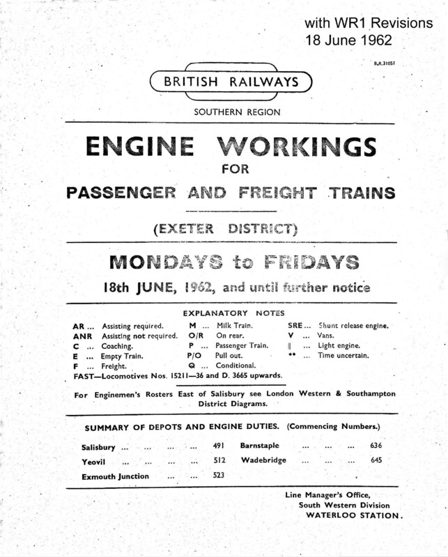 Southern Engine Workings, Western (Exeter) District, Mondays to Fridays starting 18 June 1962. 100 pages. Notes: With WR1 Revisions. [EW07196206183]