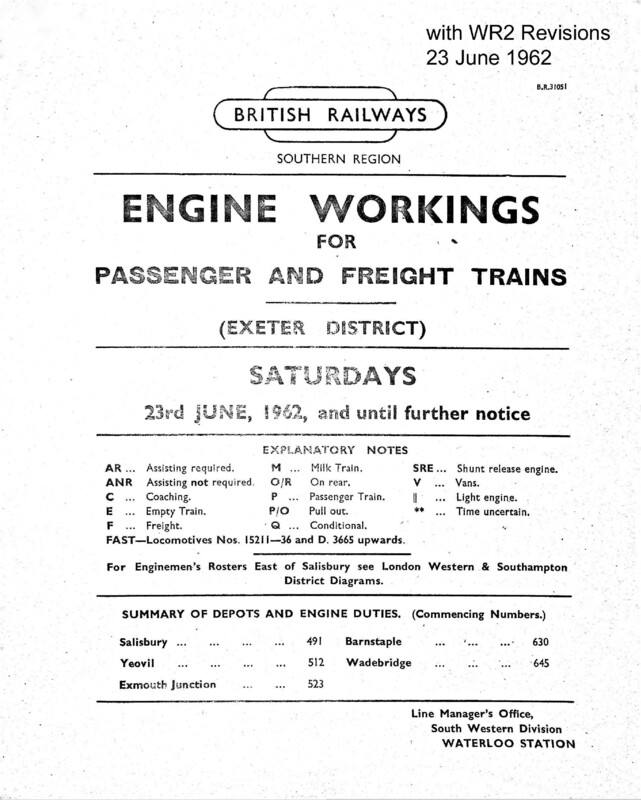 Southern Engine Workings, Western (Exeter) District, Saturdays starting 23 June 1962. 80 pages. Notes: With WR2 Revisions. [EW07196206230]