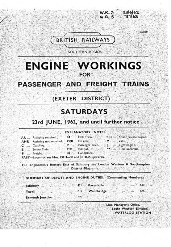 Southern Engine Workings, Western (Exeter) District, Saturdays starting 23 June 1962. 75 pages. Notes: Revised to WR5. [EW07196206232]