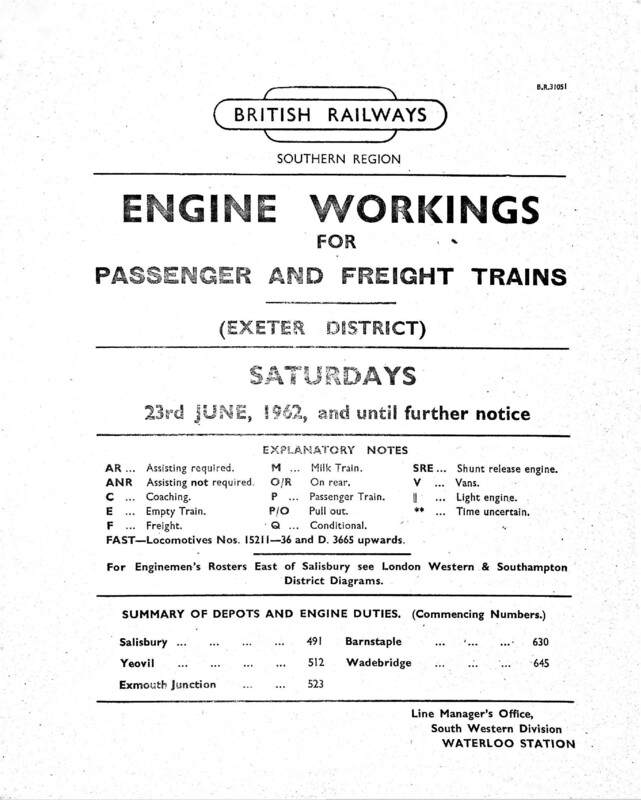 Southern Engine Workings, Western (Exeter) District, Saturdays starting 23 June 1962. 75 pages. [EW07196206233]
