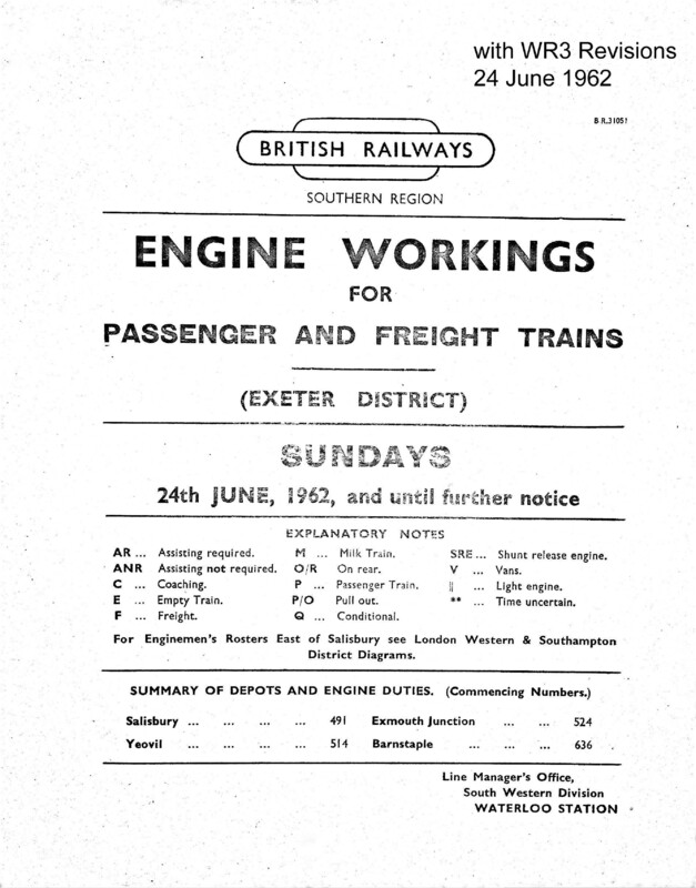 Southern Engine Workings, Western (Exeter) District, Sundays starting 24 June 1962. 31 pages. Notes: With WR3 Revisions. [EW07196206240]