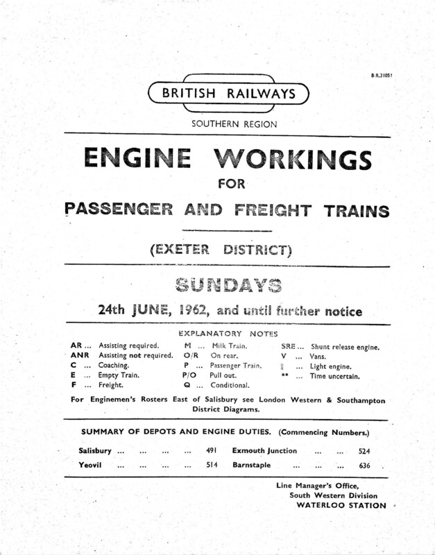 Southern Engine Workings, Western (Exeter) District, Sundays starting 24 June 1962. 30 pages. [EW07196206241]