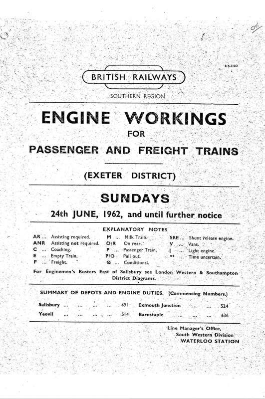 Southern Engine Workings, Western (Exeter) District, Sundays starting 24 June 1962. 30 pages. Notes: Revised. [EW07196206243]