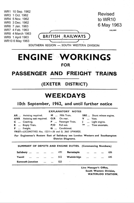 Southern Engine Workings, Western (Exeter) District, Weekdays starting 10 September 1962. 109 pages. Notes: Revised to WR10. [EW07196209100]